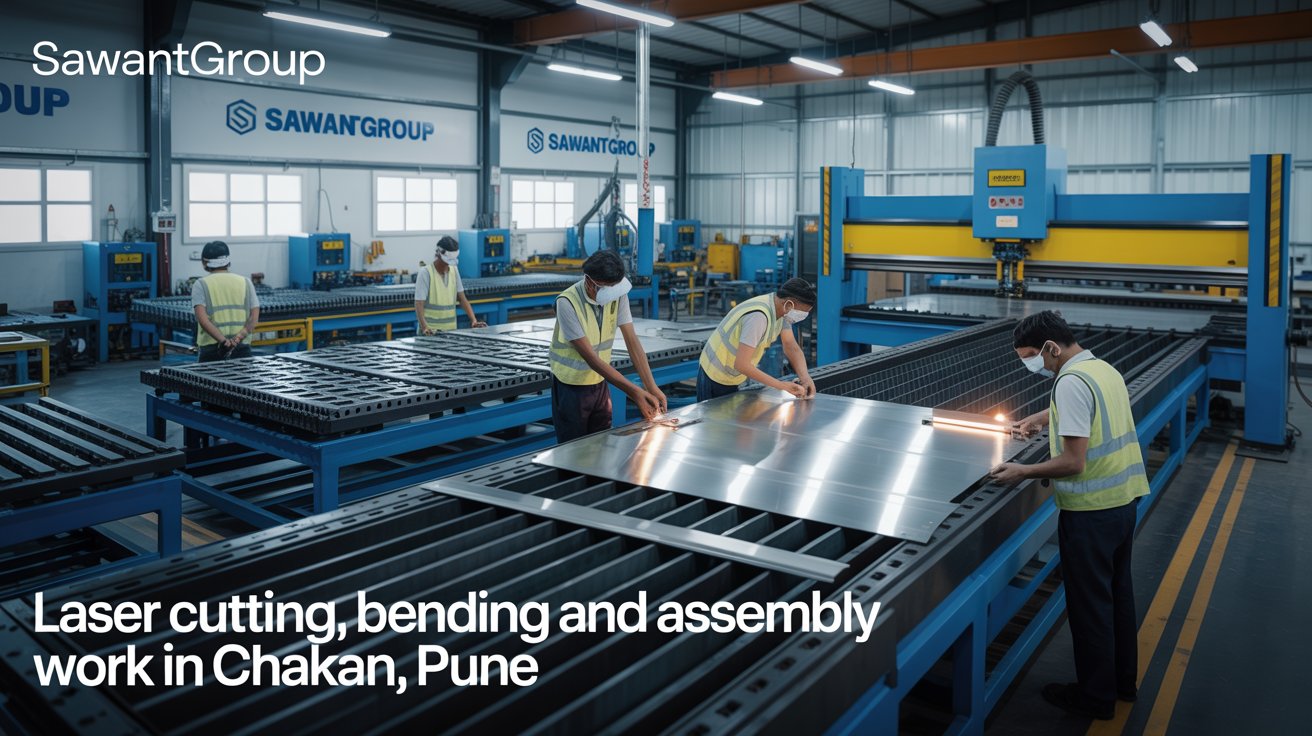 Team of technicians conducting laser cutting and metal assembly at SawantGroup, Chakan, Pune