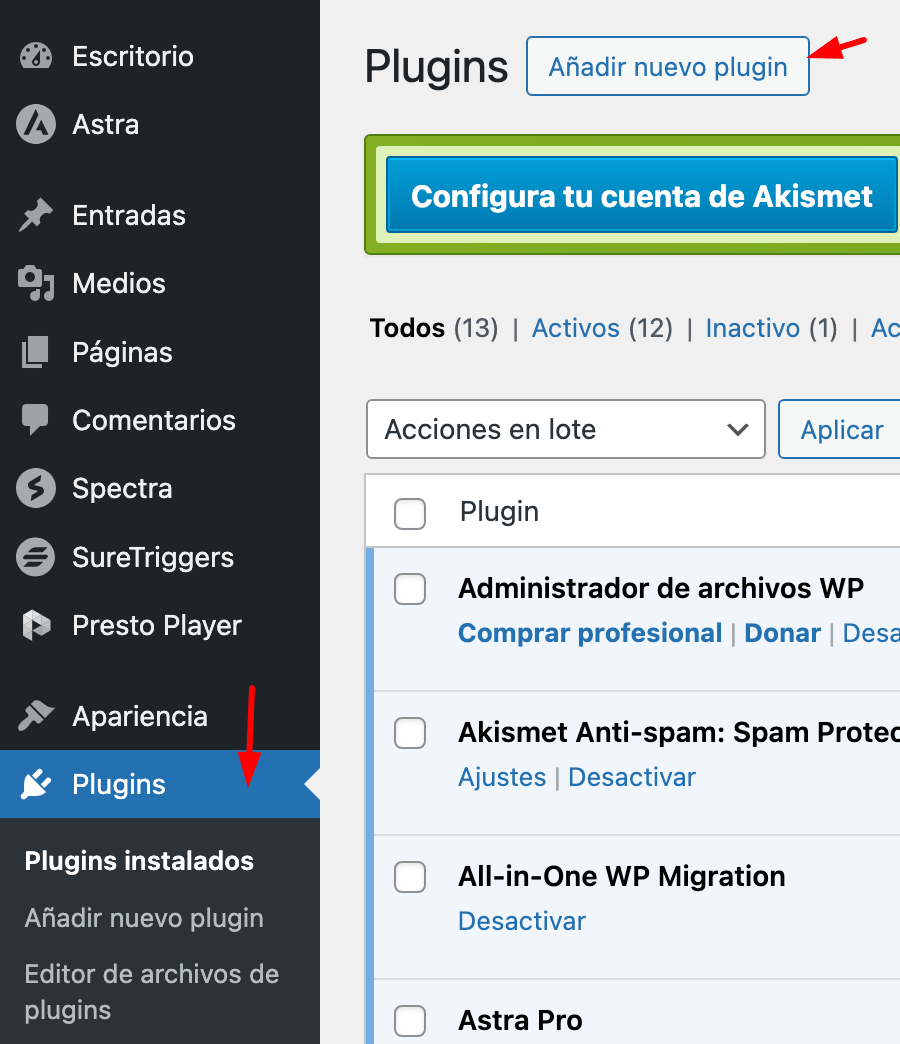 imagen con menu WordPress plugins