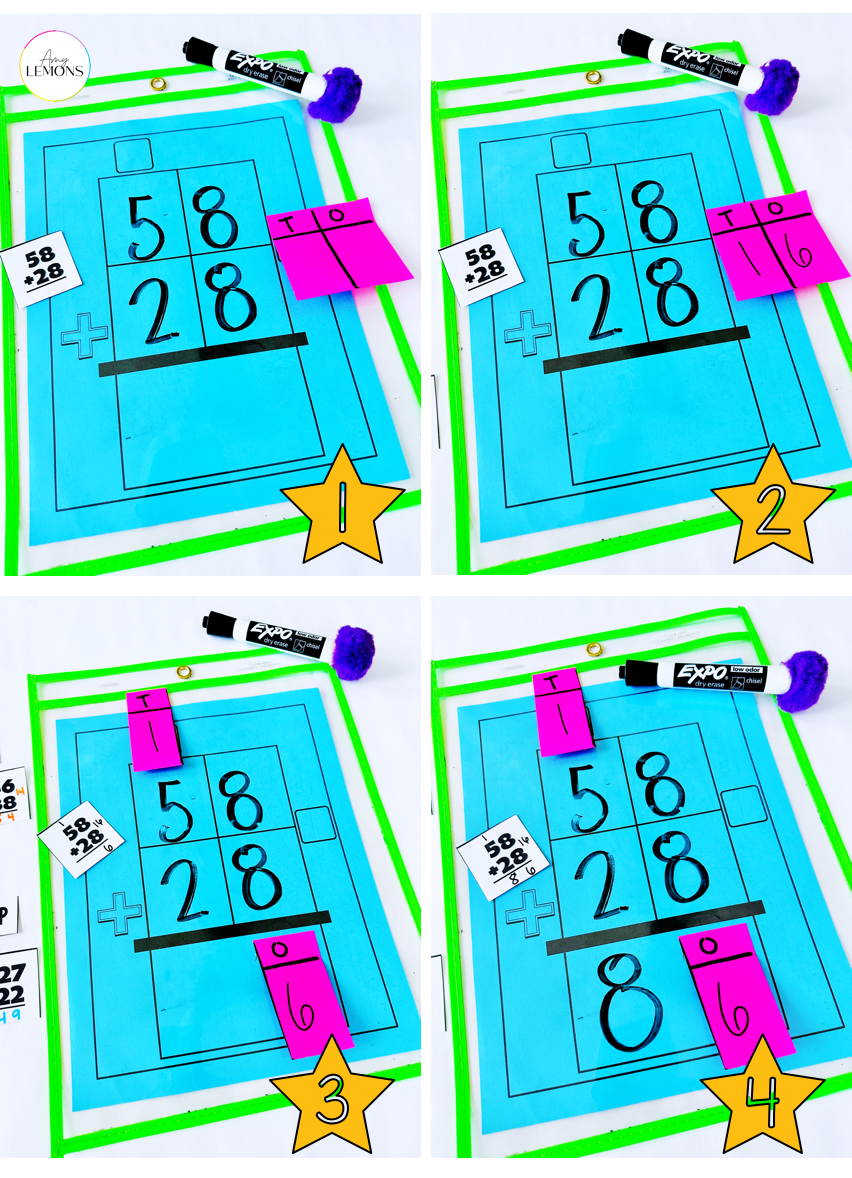 Sticky note activity for learning to regroup in addition and math work mat with equation.