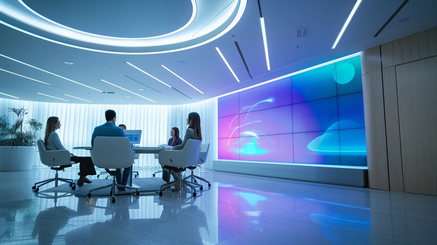 a sleek, modern office space features a confident professional engaged in a strategic discussion, illuminated by dynamic overhead lighting that highlights a vibrant display of brand elements on a digital screen.