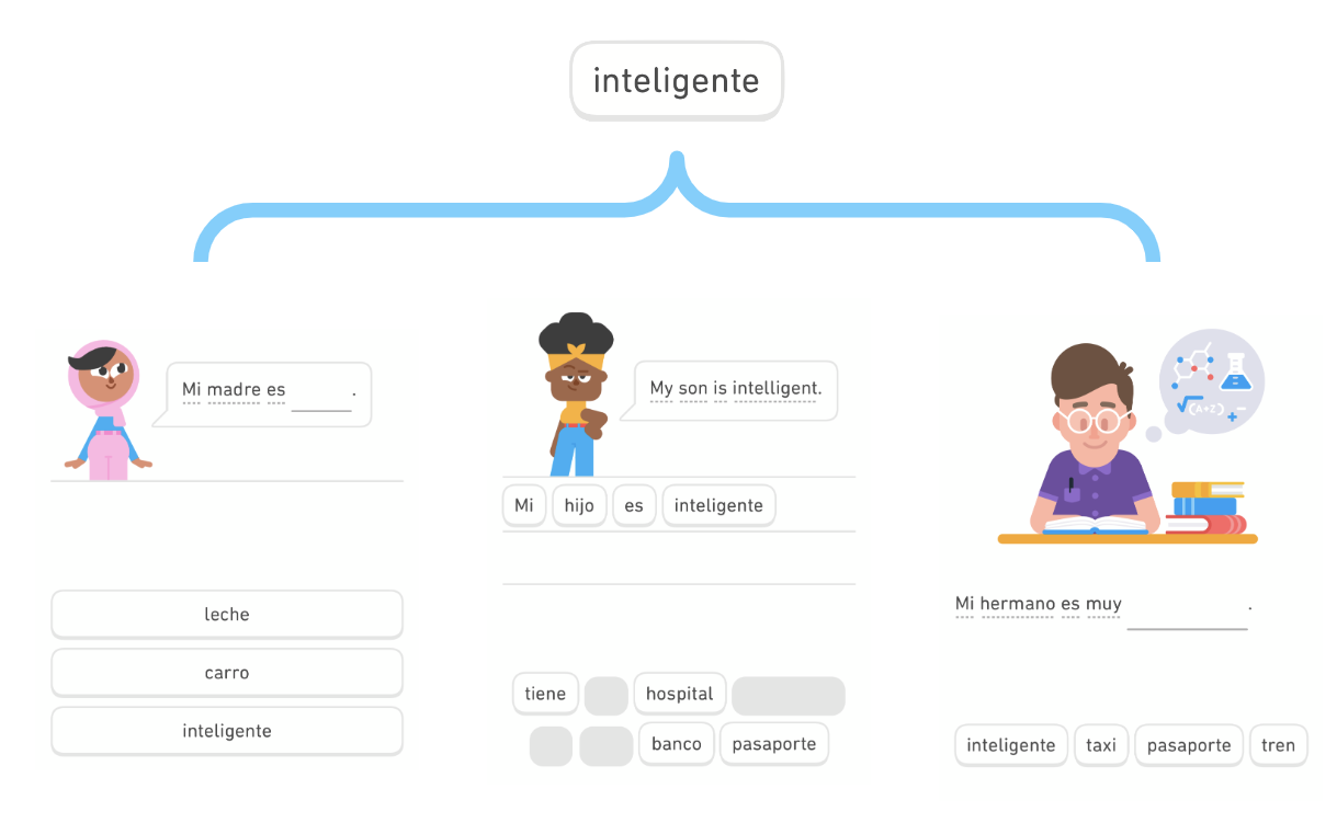 Screenshots of language exercises in the app, showing three different ways we teach the word "inteligente."