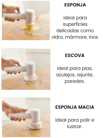 A escova elétrica é equipada com esponja ideal para limpeza de vidros, escova para limpar rejuntes e paredes, pano para lustar.