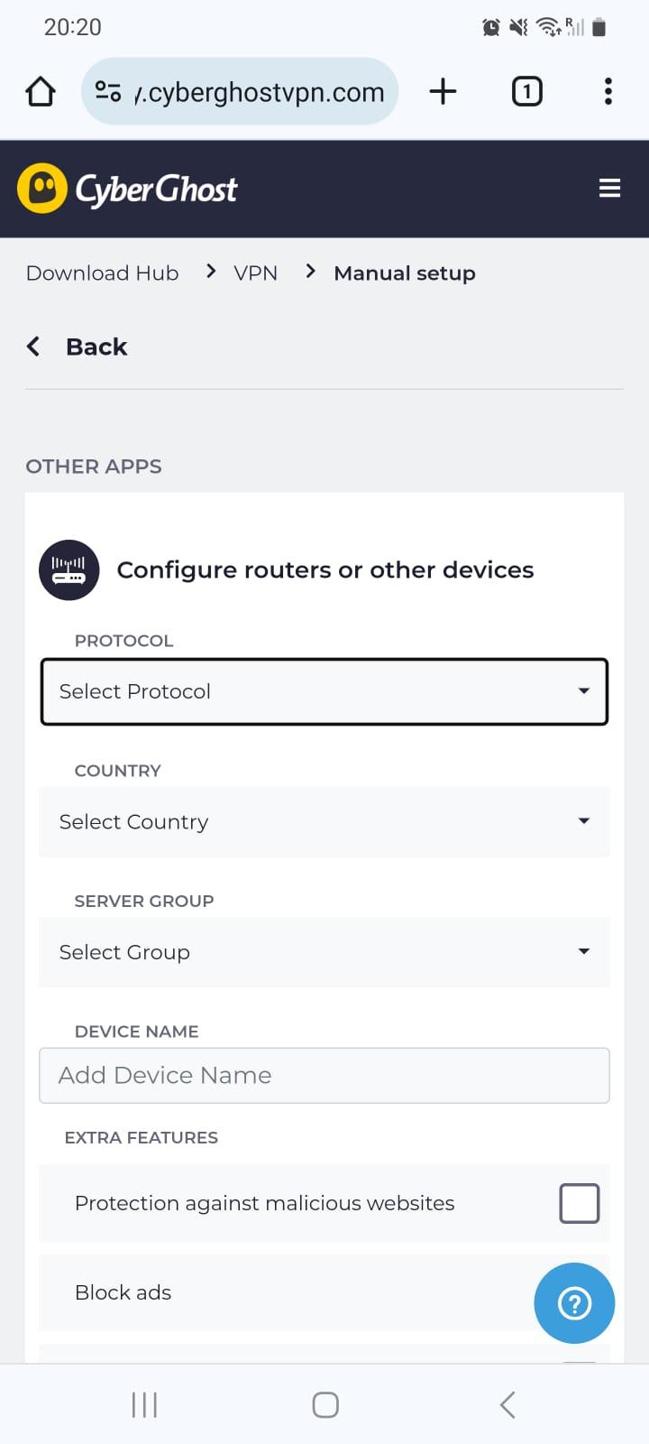 CyberGhost VPN's manual setup page.