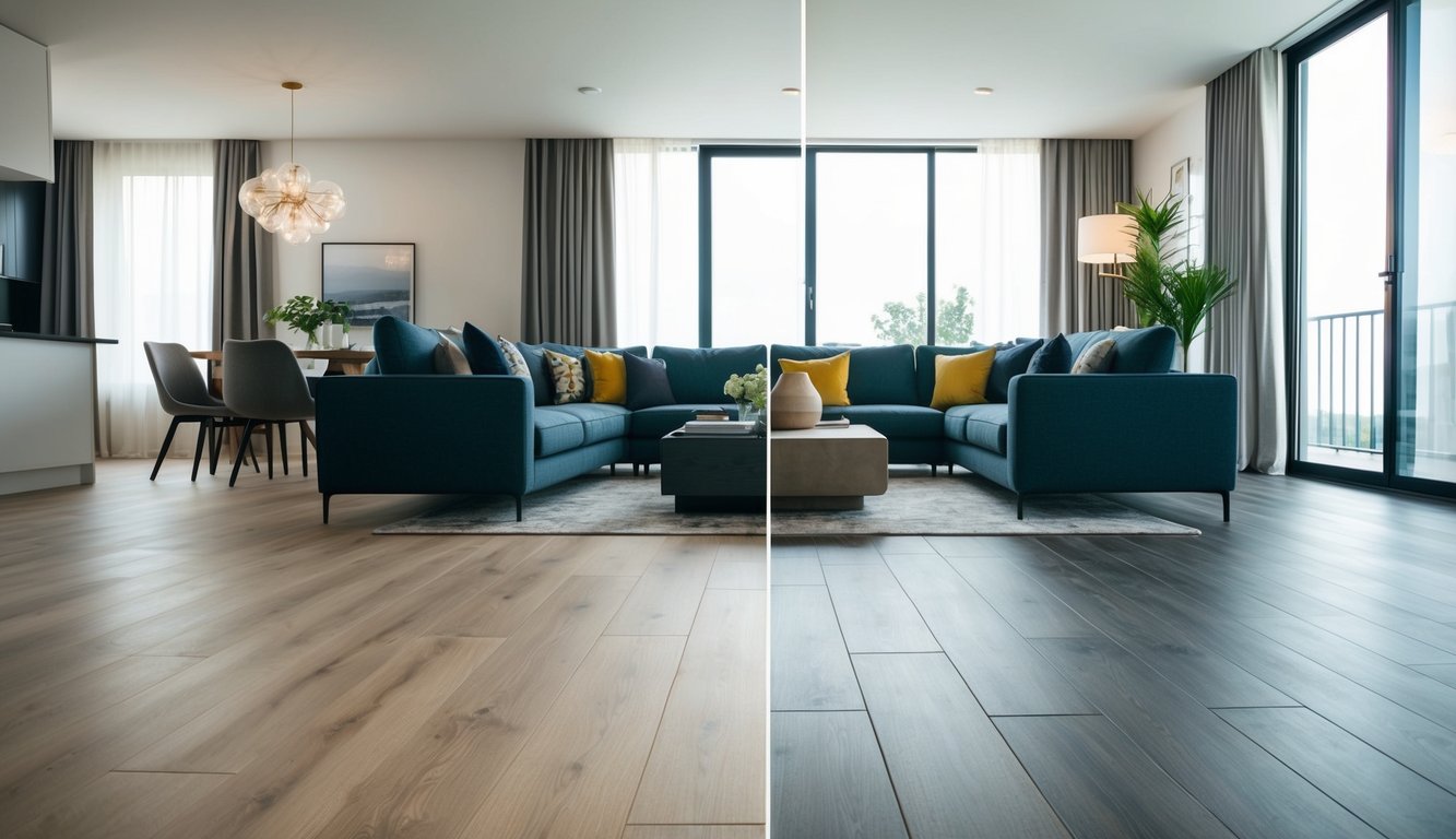 A modern living room with SPC flooring and LVP flooring side by side, showcasing their durability, water resistance, and visual appeal