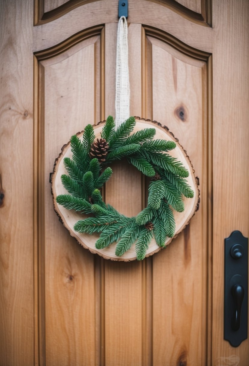 A wood slice with a pine wreath hanging on a rustic door