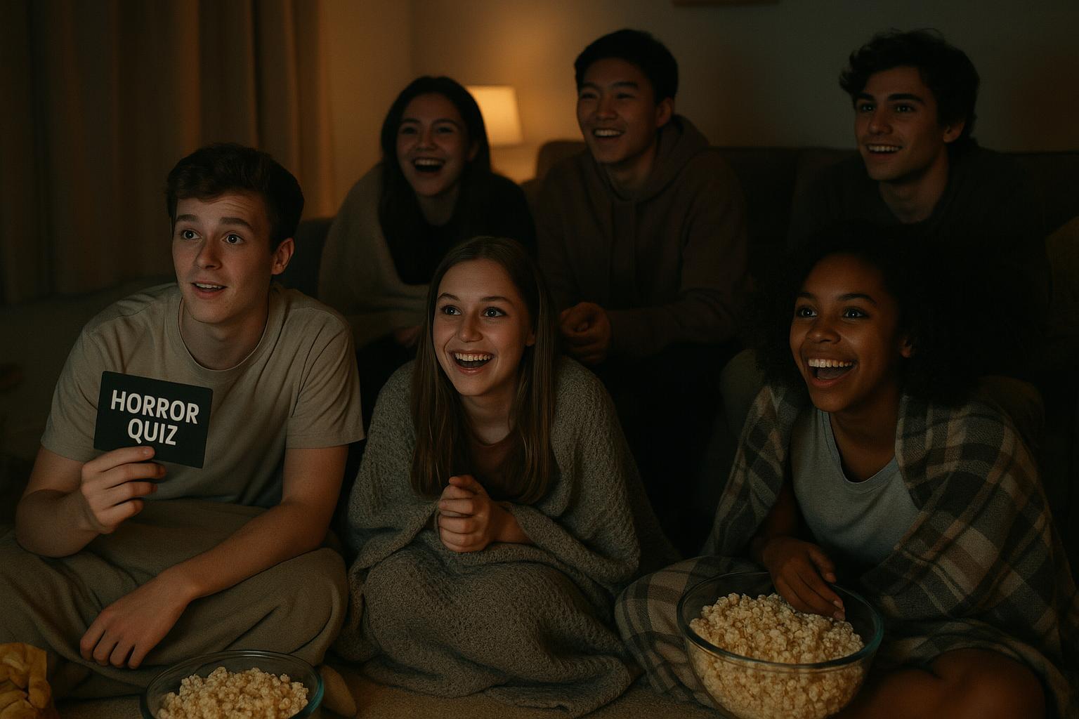 A photorealistic image of a group of friends (young adults/teens) gathered in a living room at night during a sleepover. They are sitting on the floor or couches, illuminated by dim room lights or light from a screen/projector, looking engaged and having fun while participating in a horror quiz. Include details like snacks and cozy blankets. Style: Photorealistic, warm low light, cozy atmosphere.