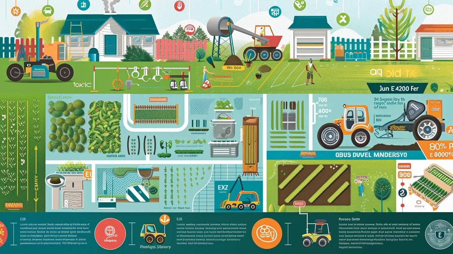 A detailed, illustrated guide-style image showing different spring lawn care steps: aerating, fertilizing, mowing, watering, and seeding. Each step is represented in its own section with labeled visuals on a colorful, infographic-style background.