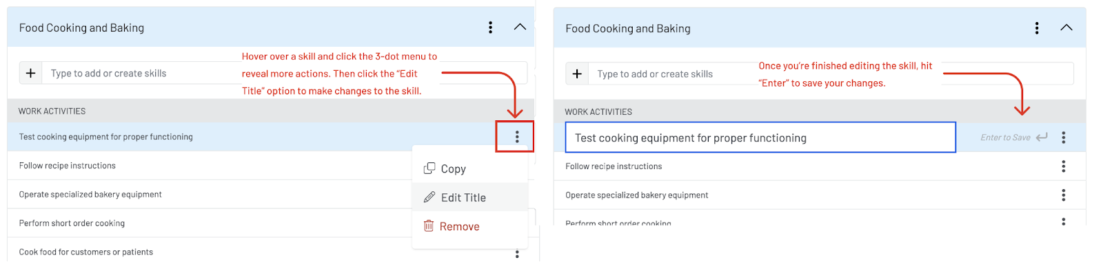 Screenshot of a skill set and what the three dot menu looks like. It takes you through what it looks like after you click on "Edit Title". 