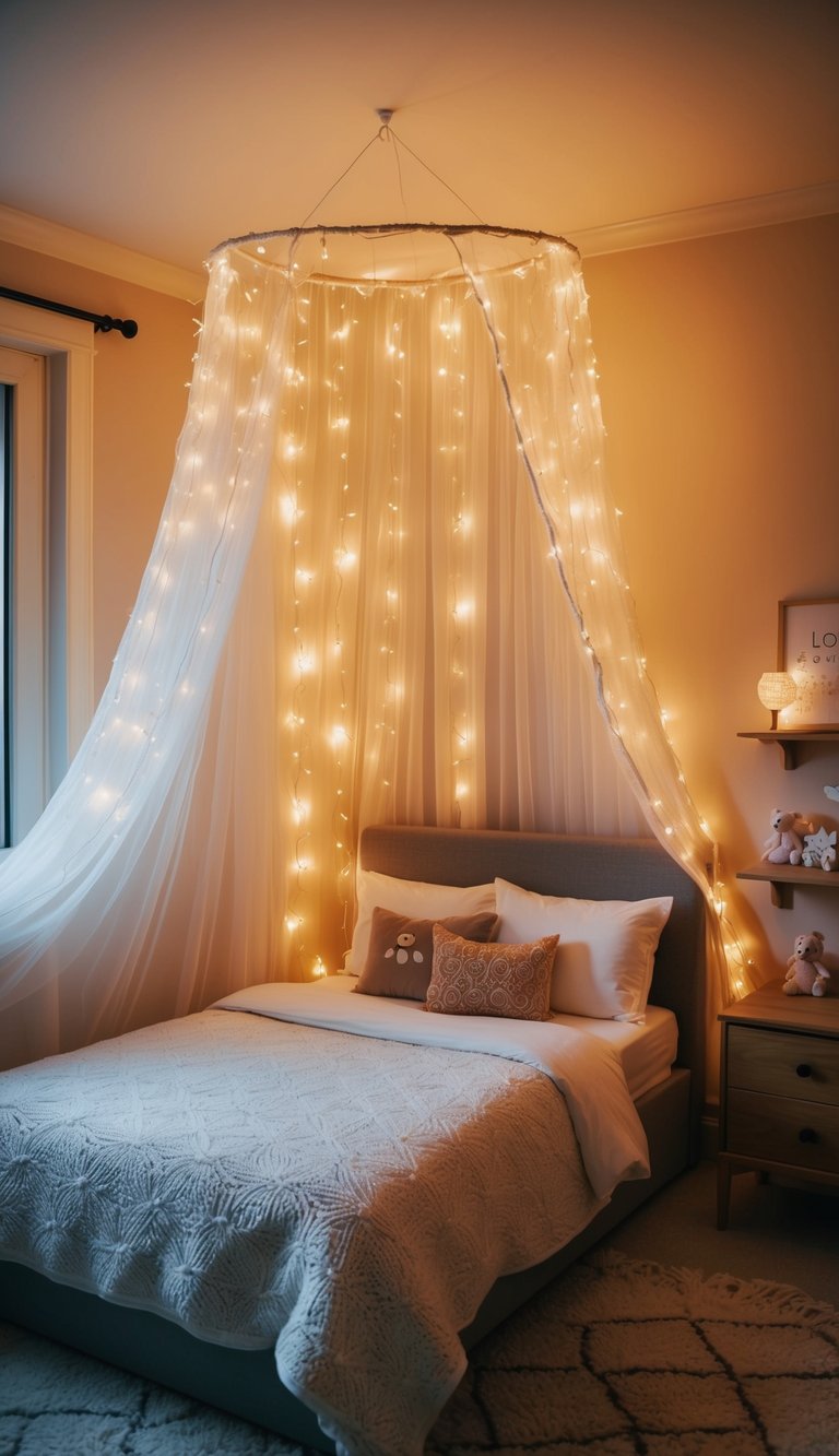 A cozy bedroom with a fairy light canopy illuminating the space, creating a magical and whimsical atmosphere for children