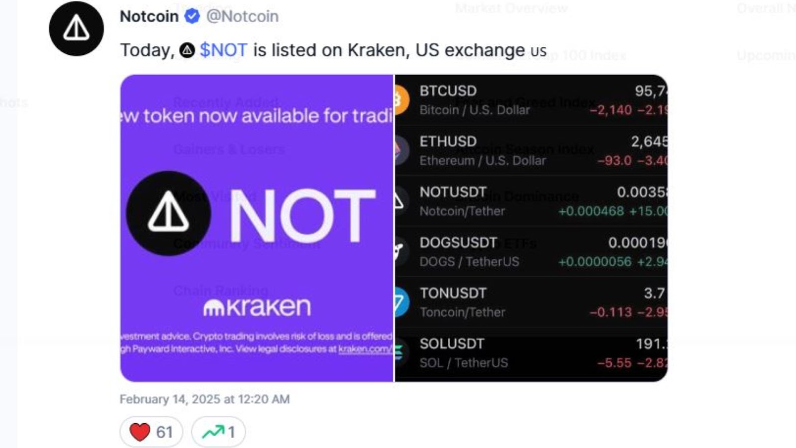 X post announcing Notcoin's listing on the Kraken exchange