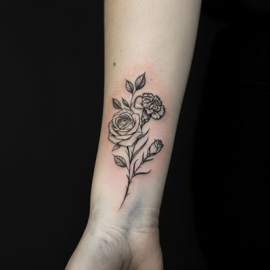 Carnation and Rose Combination Tattoo