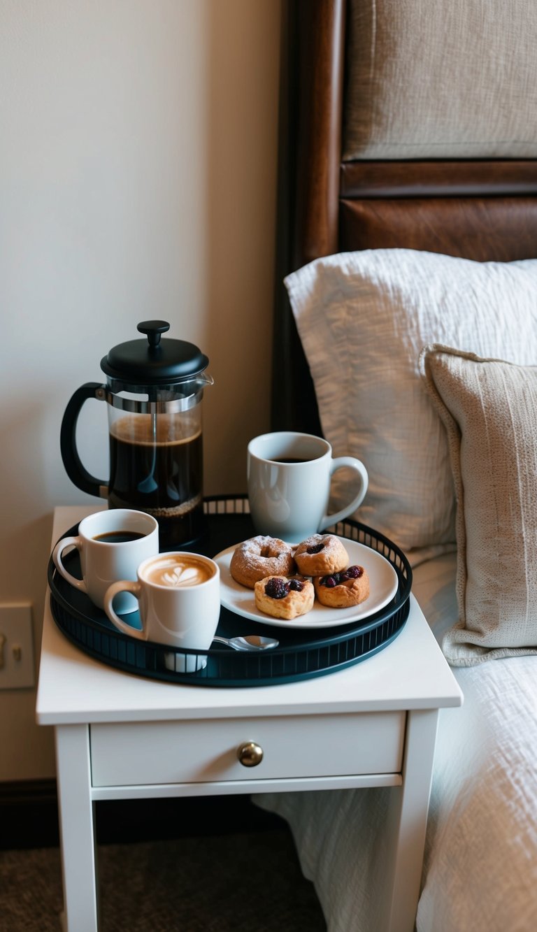 A cozy coffee station with mugs, a French press, and a small selection of pastries on a tray, set up on a side table in a guest bedroom