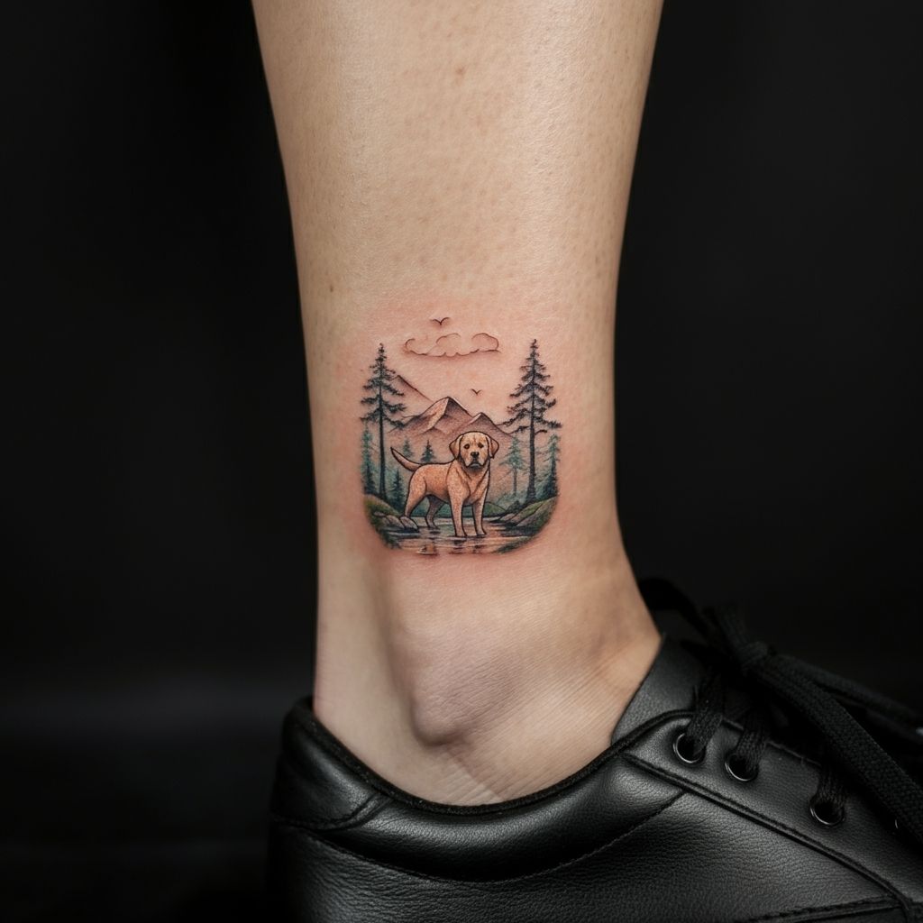 Labrador with Mountains or Nature Scene Tattoo