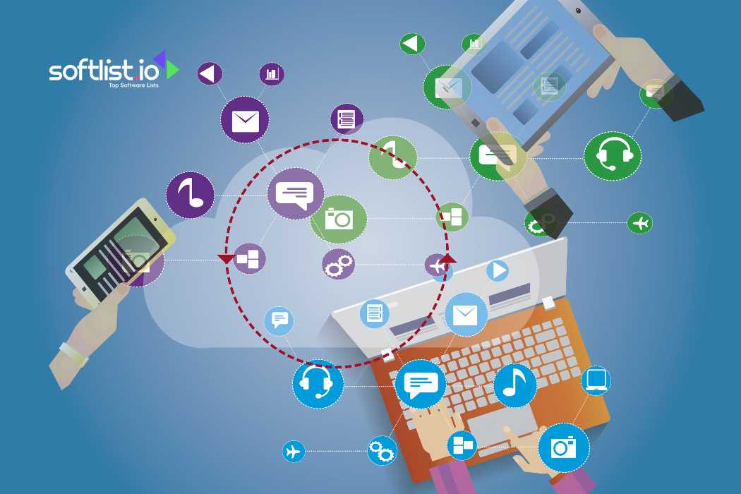 Multiple devices connected in a cloud network with multimedia icons