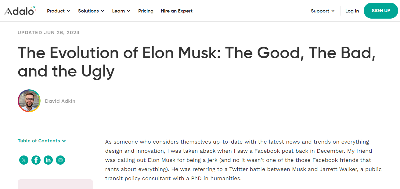 Elon Musk feature on Adalo - Profile Feature Article Example