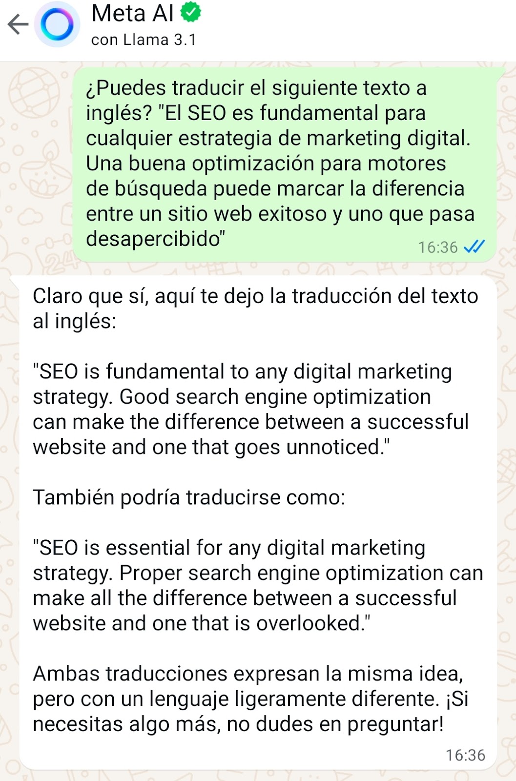 Chat con la nueva IA de whatsapp META AI. La persona le pide a la inteligencia artificial traducir un texto sobre seo marketing y la inteligencia artificial genera la respuesta en inglés.