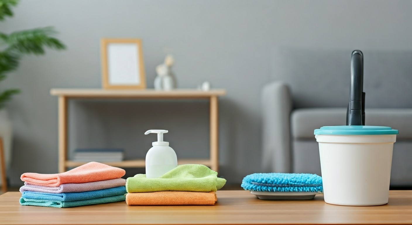 Cozy living room with cleaning tools