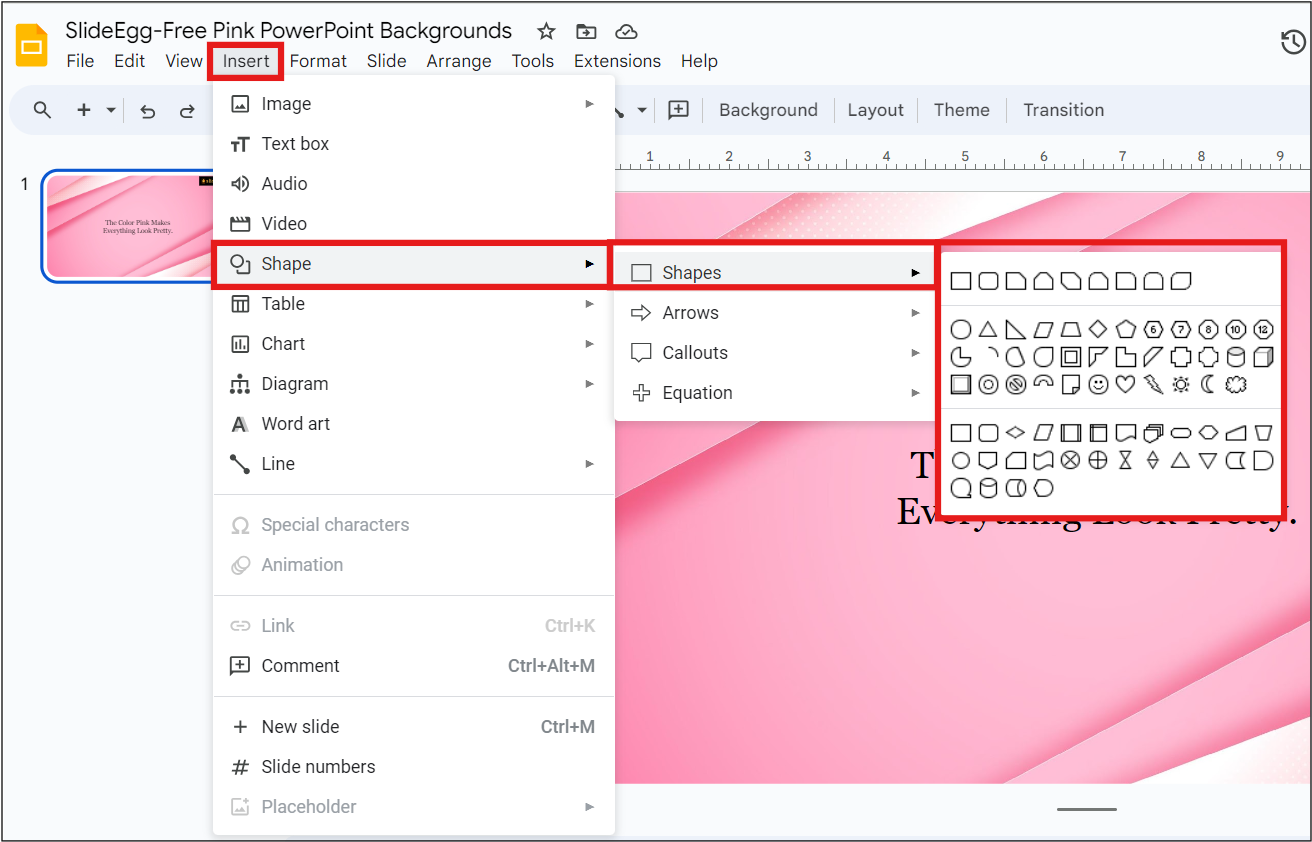 Google Slides interface with Insert > Shape > Shapes option are highlighted.