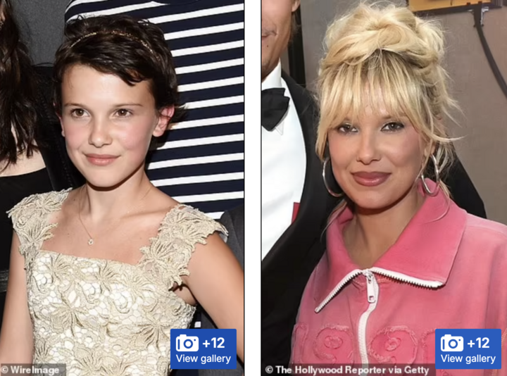 Millie Bobby Brown năm 12 tuổi (ảnh trái) và Millie năm 21 tuổi (ảnh phải)