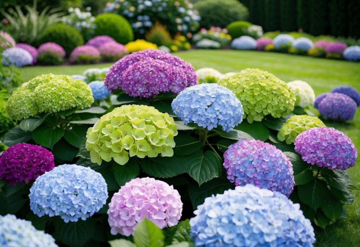 A lush garden with hydrangeas of various colors and sizes arranged in a harmonious and balanced landscape design