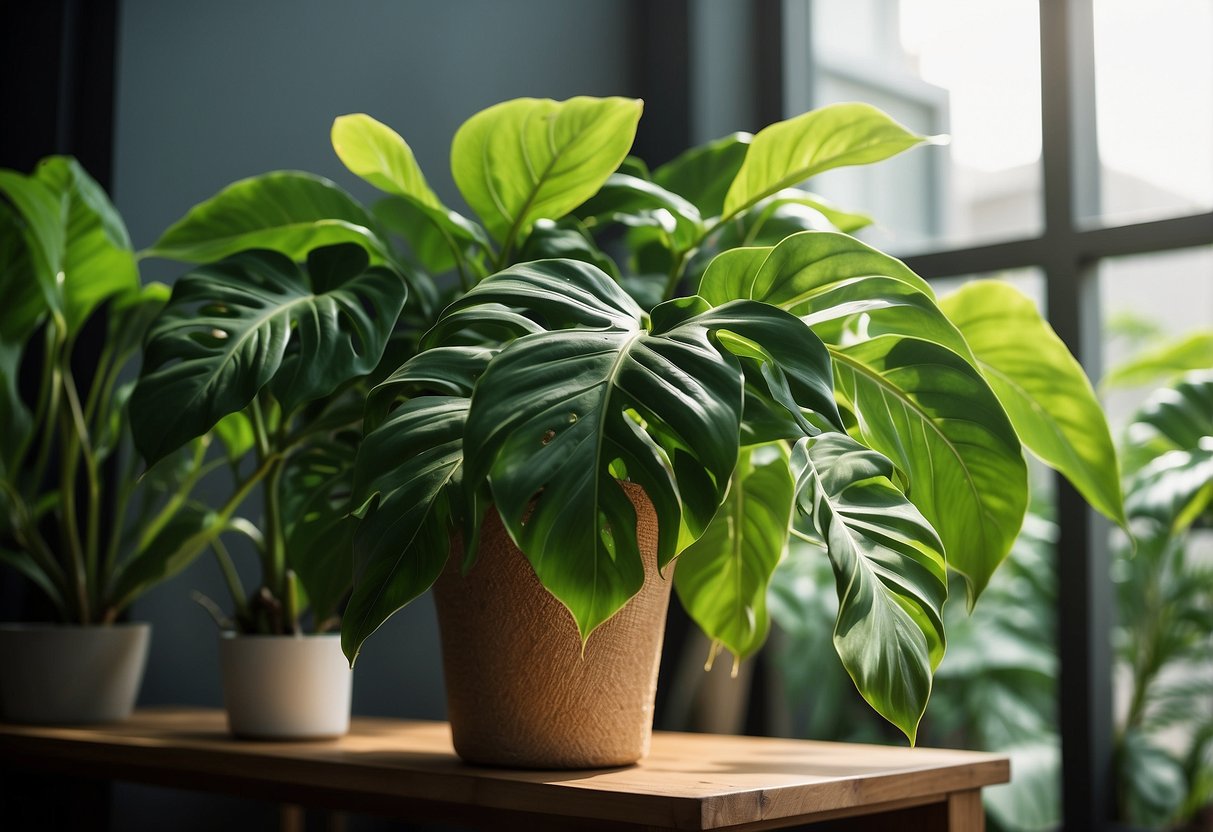 Lush green leaves of Philodendron Pastazanum contrast with the slender, elongated foliage of Plowmanii. Both plants are potted in textured, earthy containers, set against a backdrop of dappled sunlight filtering through