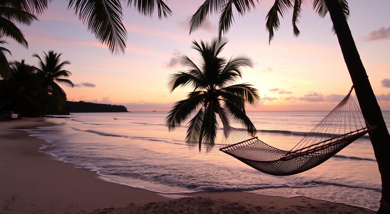 A tranquil beach at sunset with soft waves lapping at the shore, palm trees swaying in the gentle breeze, and a hammock strung between two trees, inviting relaxation and rejuvenation.