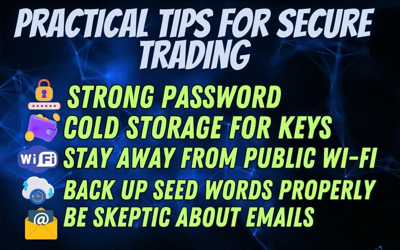 Practical tips for secure crypto trading, including strong passwords, cold storage for keys, avoiding public Wi-Fi, backing up seed words, and being skeptical about emails.