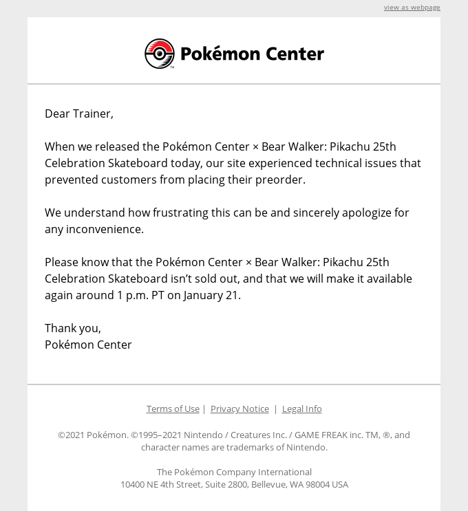 Screenshot of Pokemon center apology email