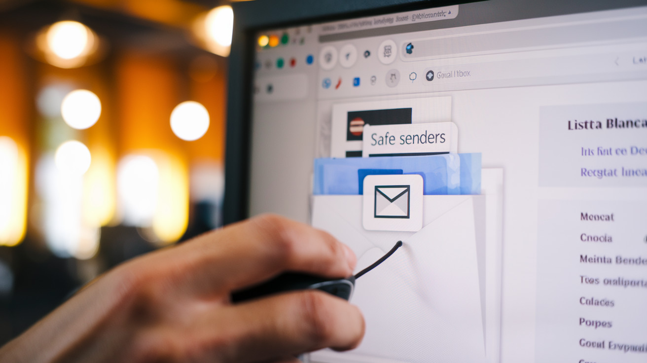 La pantalla muestra un icono de sobre blanco que se arrastra a una carpeta etiquetada como «Remitentes seguros» o «Lista Blanca». El fondo es un entorno de oficina difuminado con una iluminación cálida y natural.
