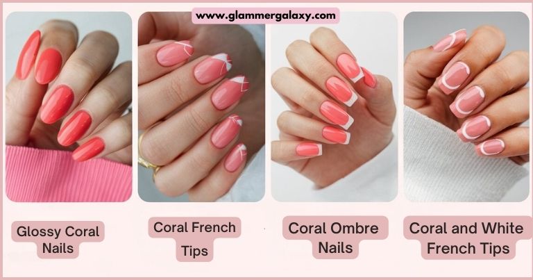 Four images of hands with different styles of coral nail polish