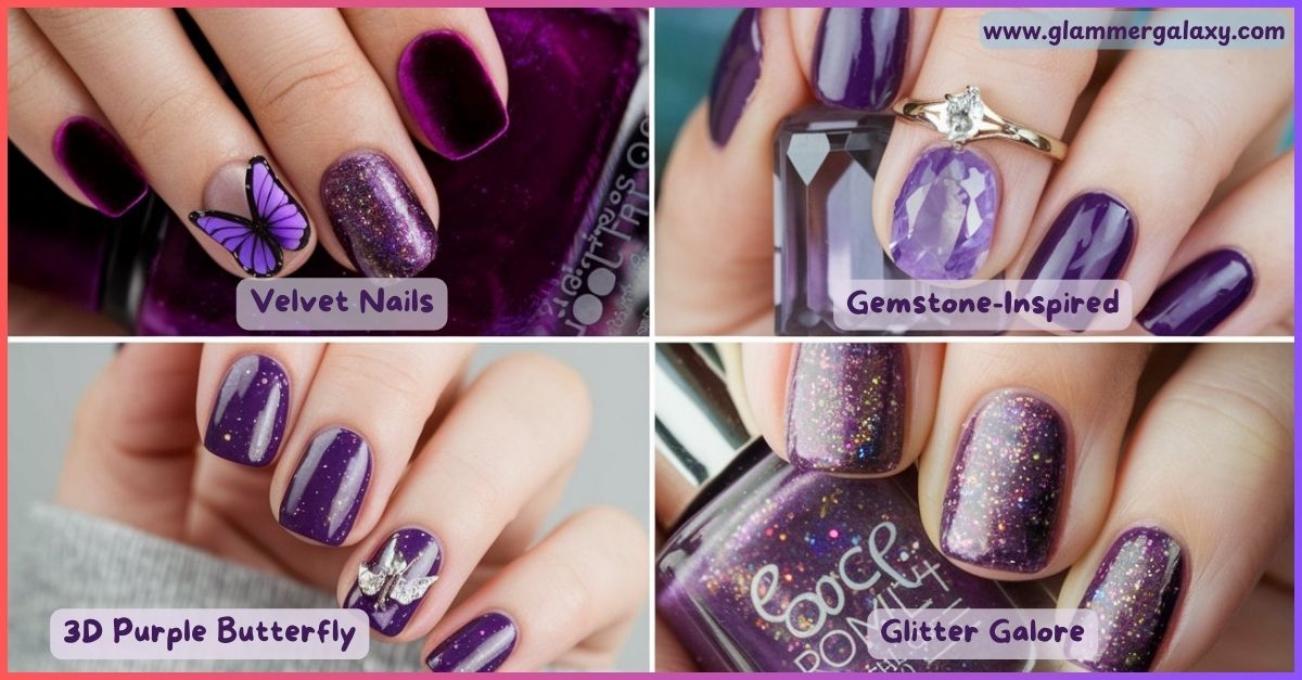 Four images of purple nail art with velvet, gemstone, butterfly, and glitter textures.