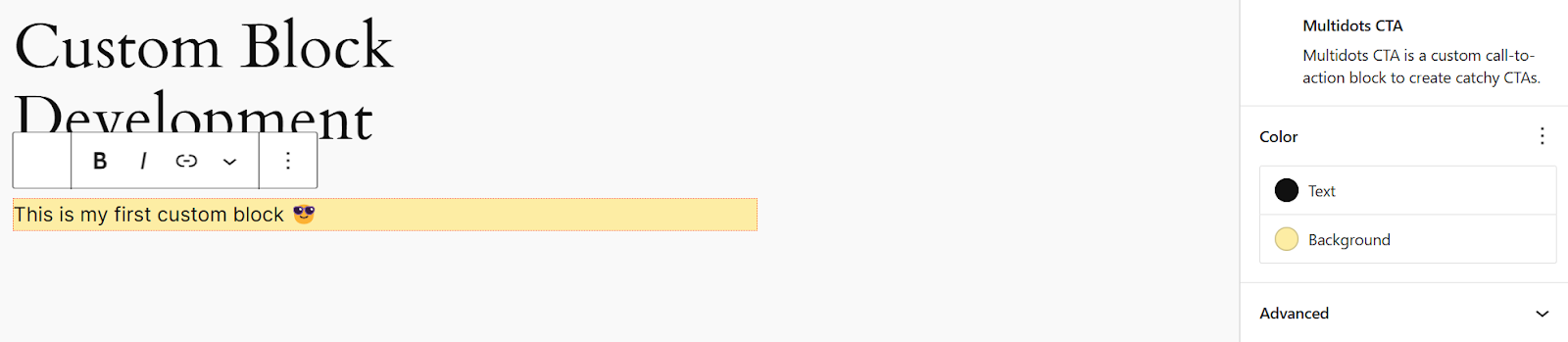 The custom block after new text and background colors are set in its sidebar options.