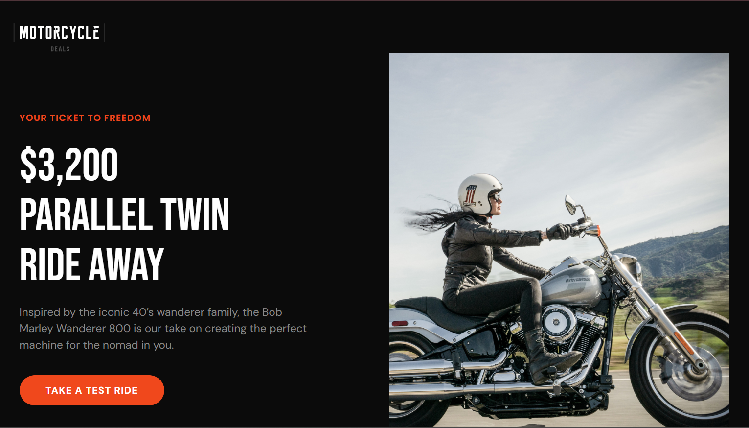 The motorcycle landing page template with dark theme and bold typography aligns with product identity.