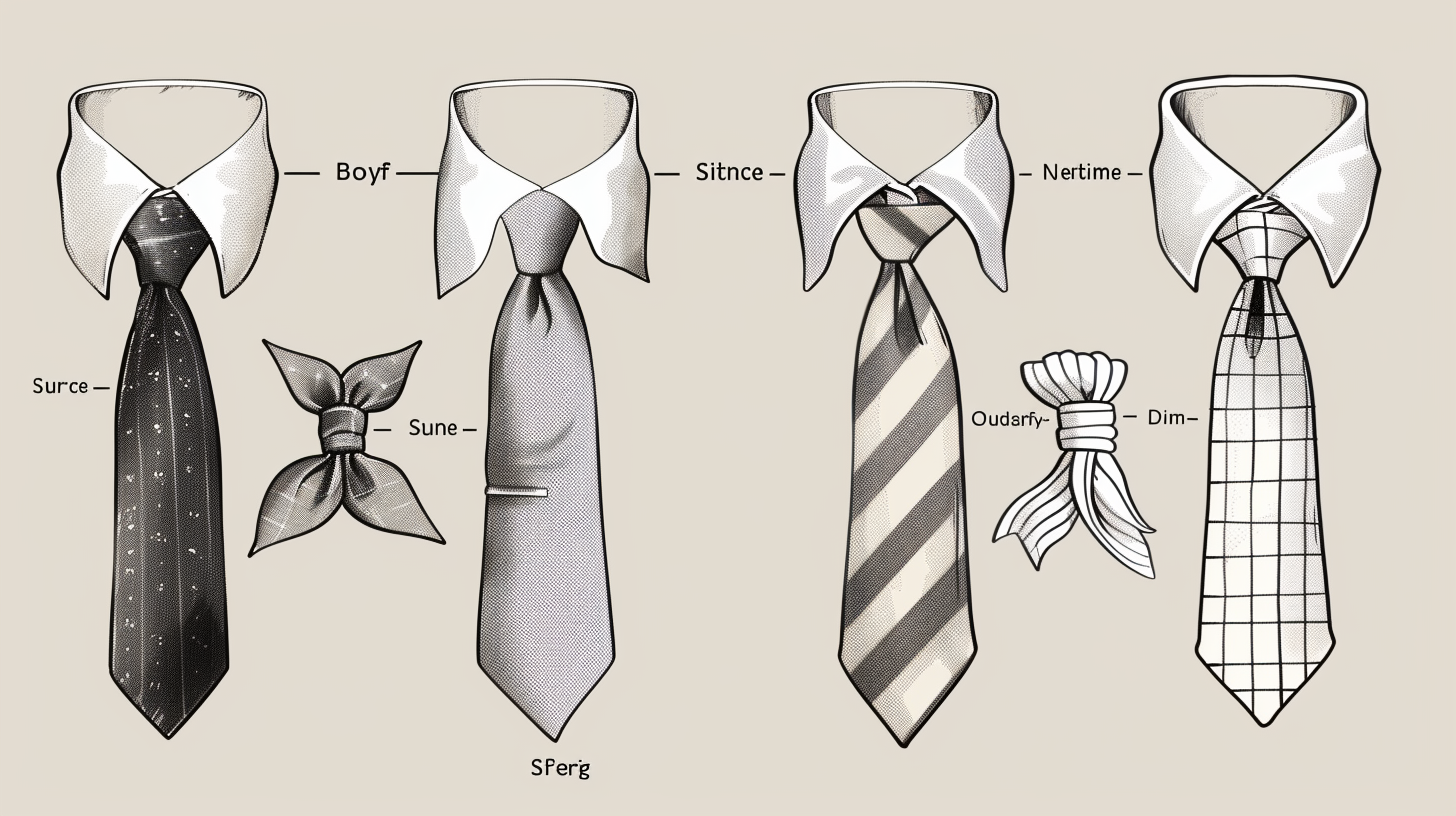 A detailed, elegant infographic showing the most common necktie knots every man should know. Include clear step-by-step visuals of Four-in-Hand, Half Windsor, Full Windsor, Eldredge, and Trinity knots. Show different tie styles--standard, skinny, bow tie--and various collar types. Use a clean, modern design with neutral colors and subtle textures. The layout should be easy to follow, stylish, and professional, highlighting the importance of mastering necktie knots for confidence and style.