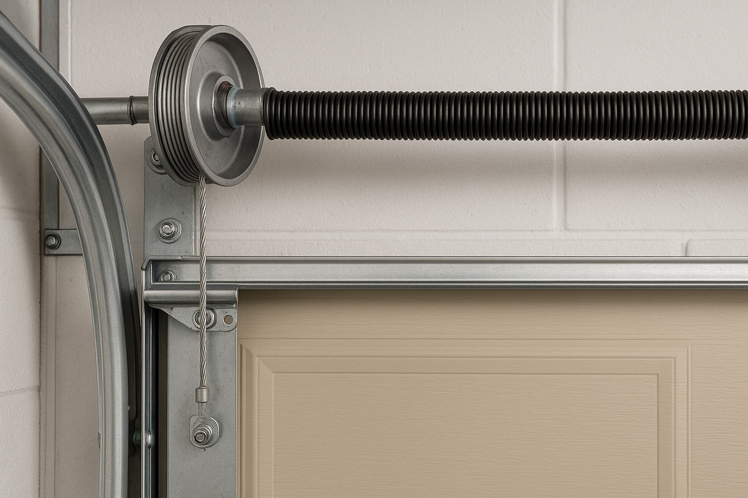 Close-up of garage door parts including torsion spring, cable drum, and steel cable in proper alignment.