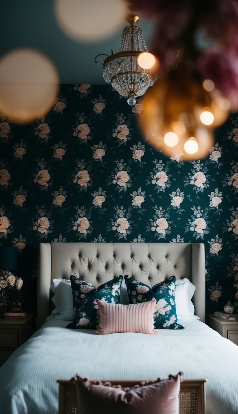 A dimly lit bedroom with dark floral wallpaper and feminine decor