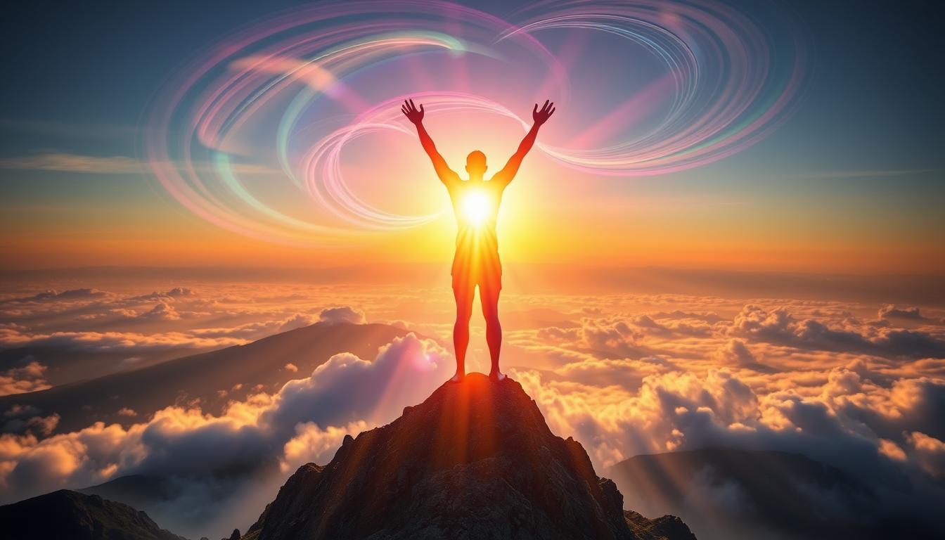 A glowing figure standing confidently on a mountain peak during sunrise, arms raised towards the sky, surrounded by vibrant swirling colors of light symbolizing energy and positivity, with a serene landscape below enhanced by rays of sunlight breaking through clouds.