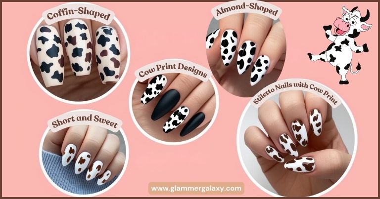 Various nail shapes with cow print designs, including coffin, almond, short styles, and a cartoon cow.