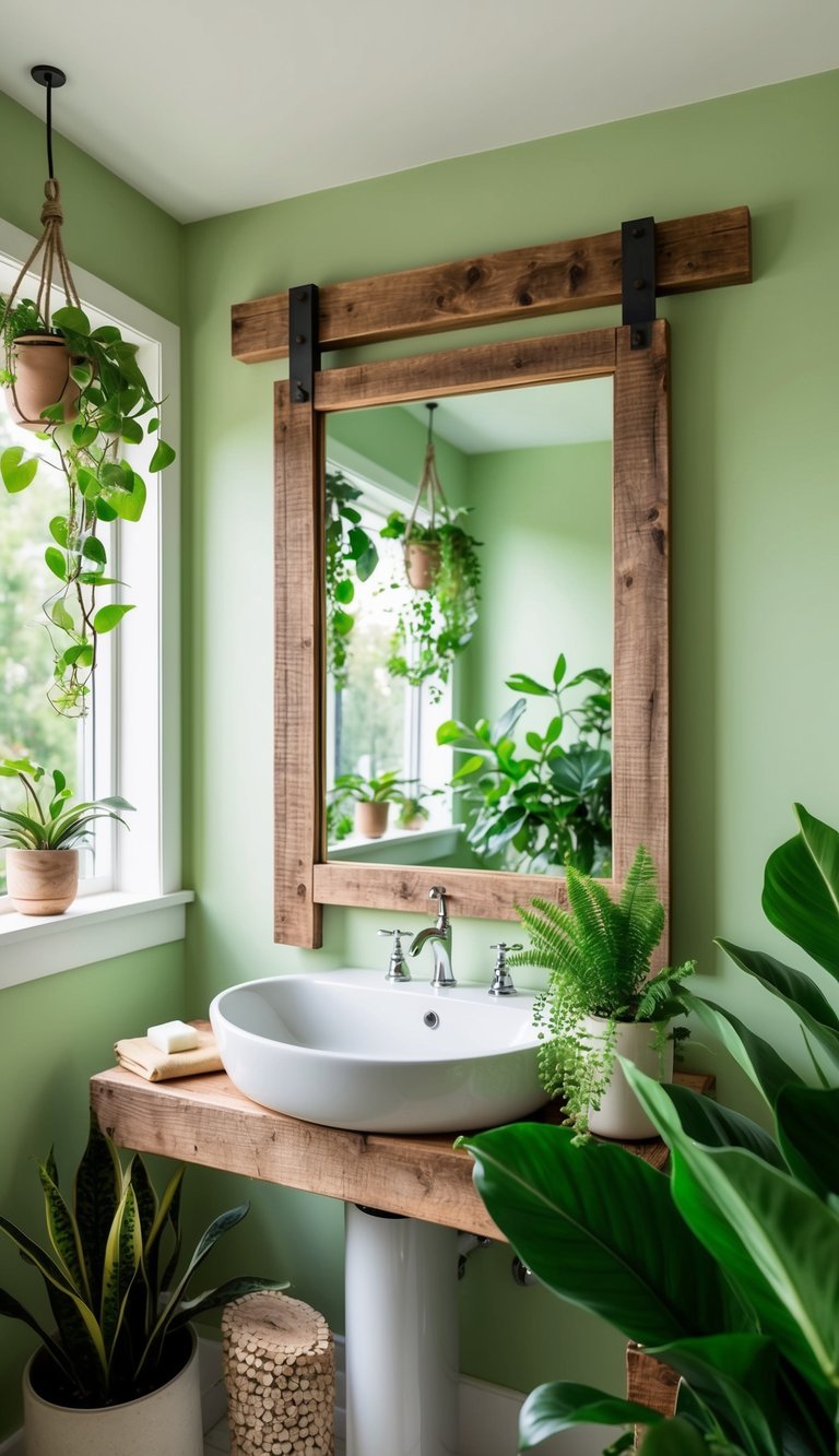 A rustic, reclaimed wood mirror frame hangs in a serene green bathroom, surrounded by lush plants and natural light