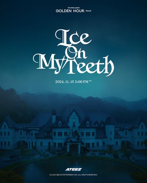 This contains an image of ATEEZ's poster for ice on my teeth, which features an image of a mansion and water