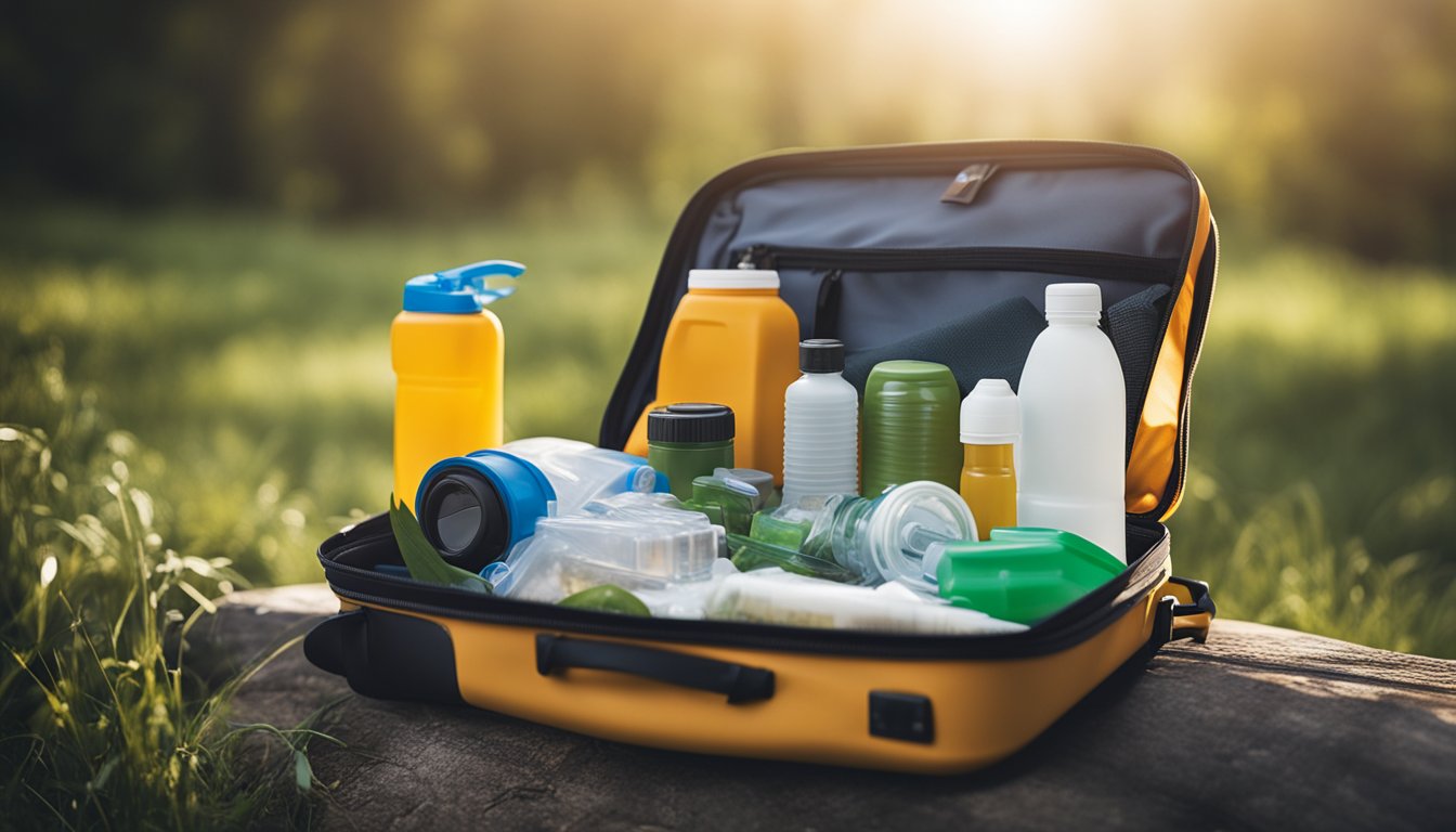 A suitcase packed with emergency supplies: flashlight, first aid kit, water bottle, and non-perishable food items