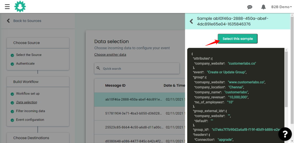 Raw data sample inside CustomerLabs CDP