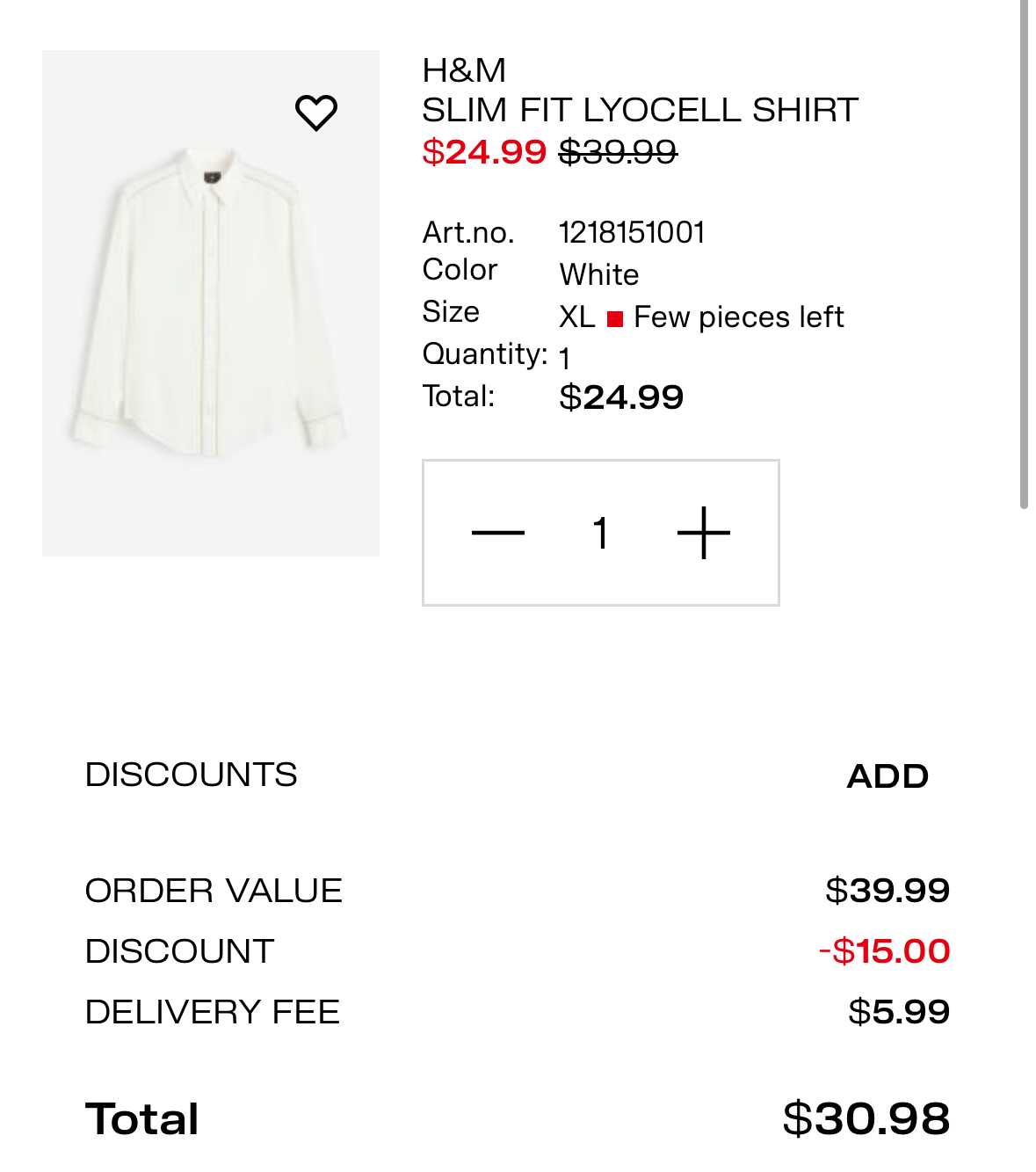 screenshott of H&M Slim Fit Lyocell Shirt Art.no 128151001 in White, XL. After shipping and a discount applied, the total was $30.98