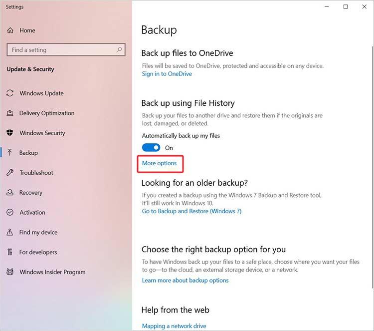 click More options under Backup using File History