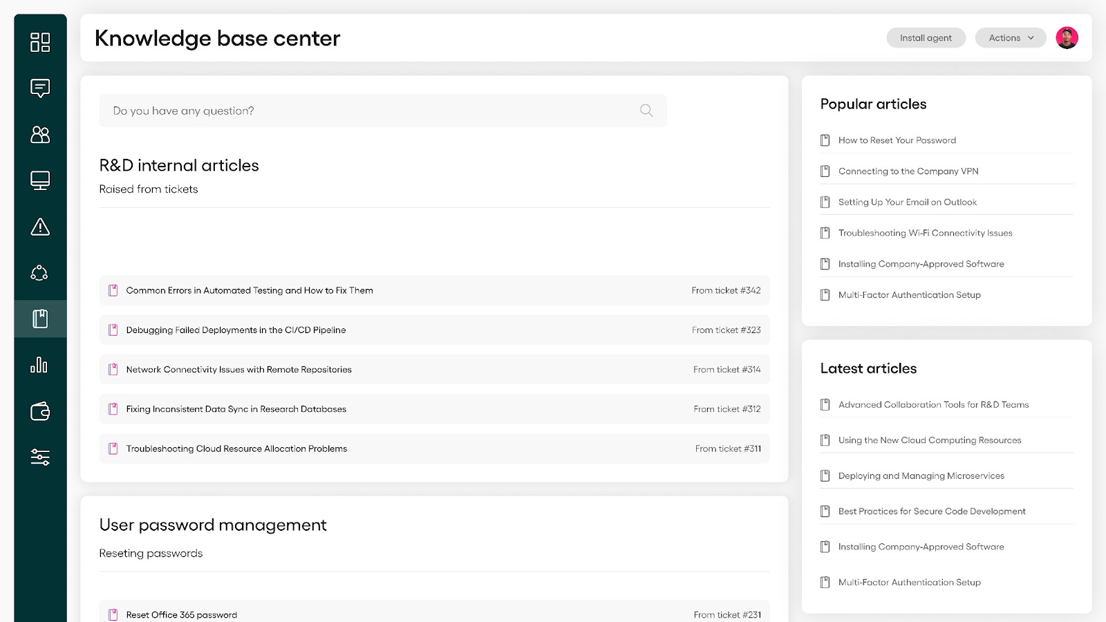 Screenshot of the Atera knowledge base management.
