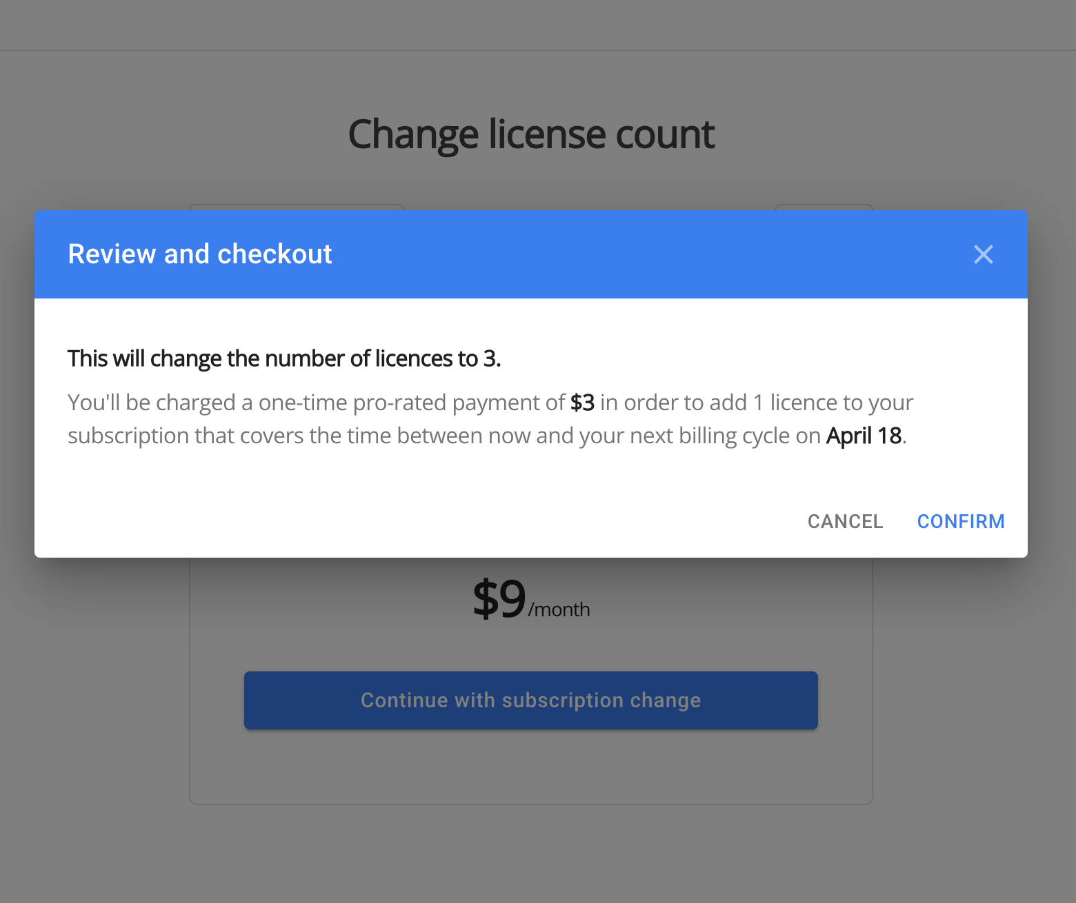 Prorated payment screen