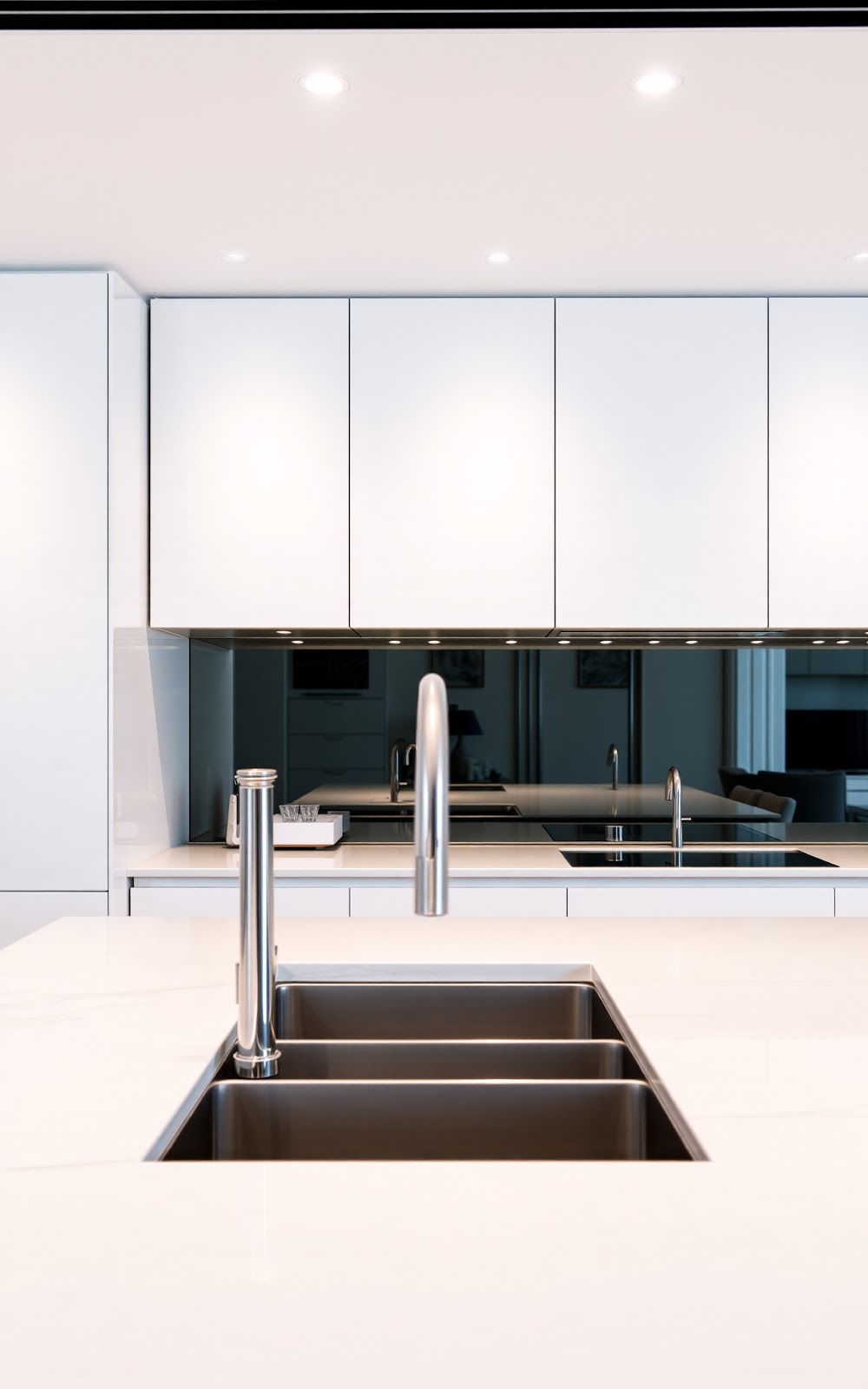 Kitchen with mirrored backsplash