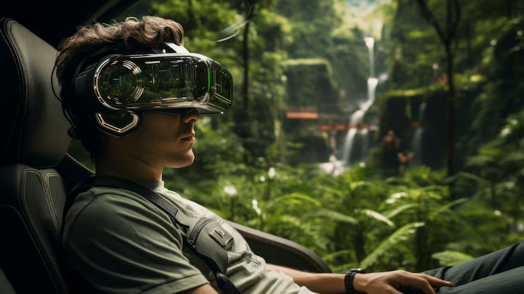 A man is experiencing the immersion brought by VR in the jungle