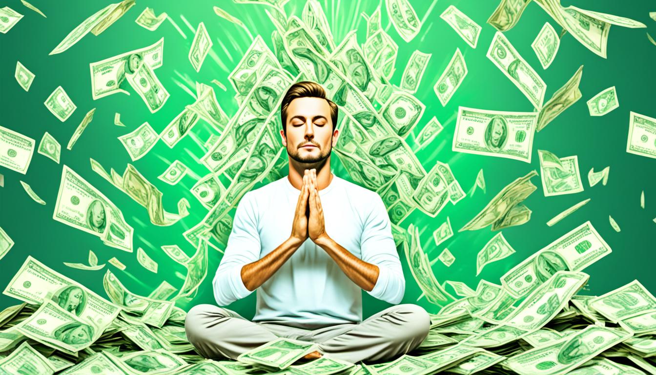 A person meditating while visualizing money multiplying in their hands.