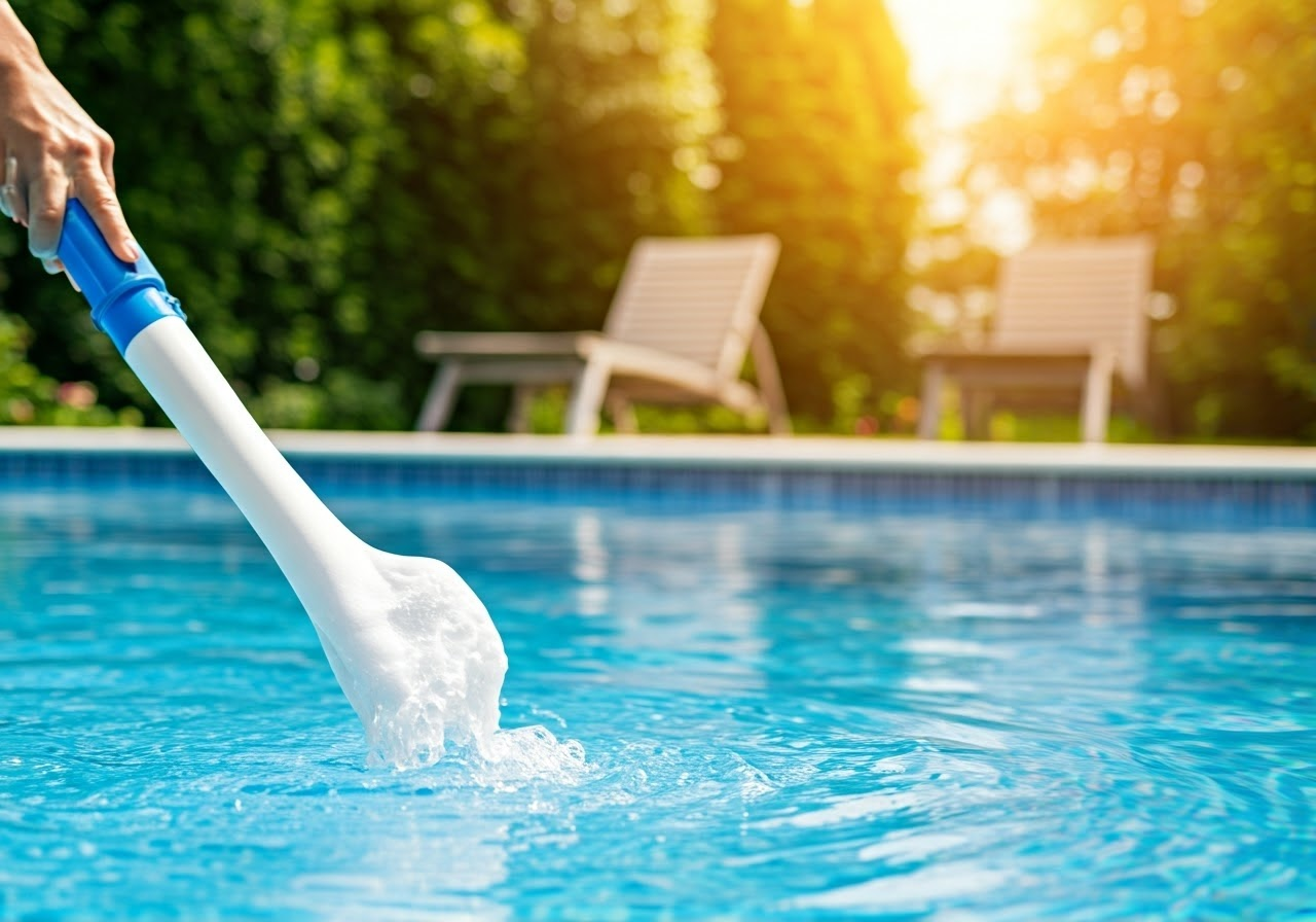 Person cleaning pool with eco-friendly products.